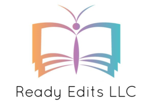 Logo of a book as a butterfly with colorful pages spread like wings, and below reads the copyediting company name, Ready Edits LLC.